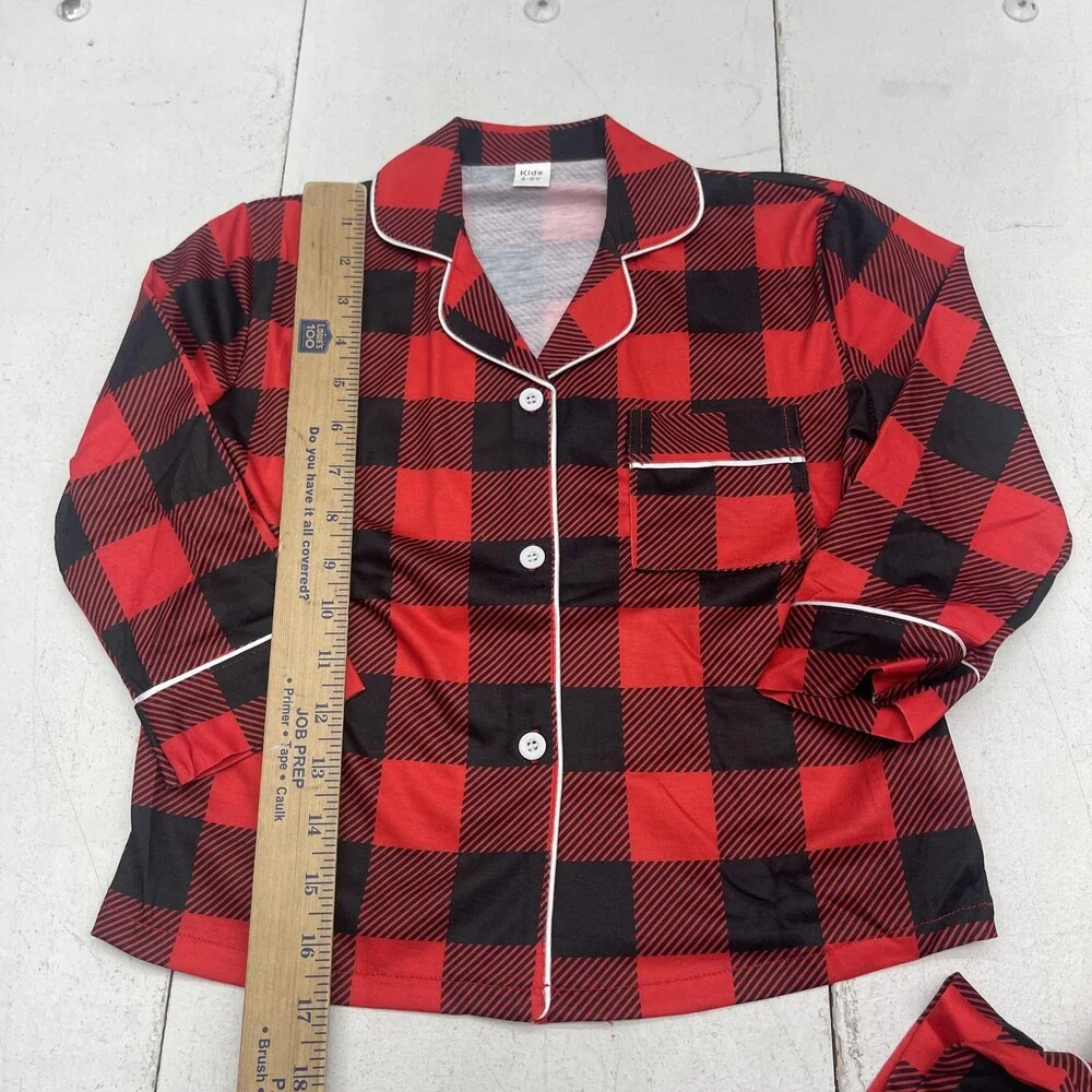 Buffalo Plaid Pajama Set Kids 4-5Y Red Jersey Button Front 2 Piece Sleepwear